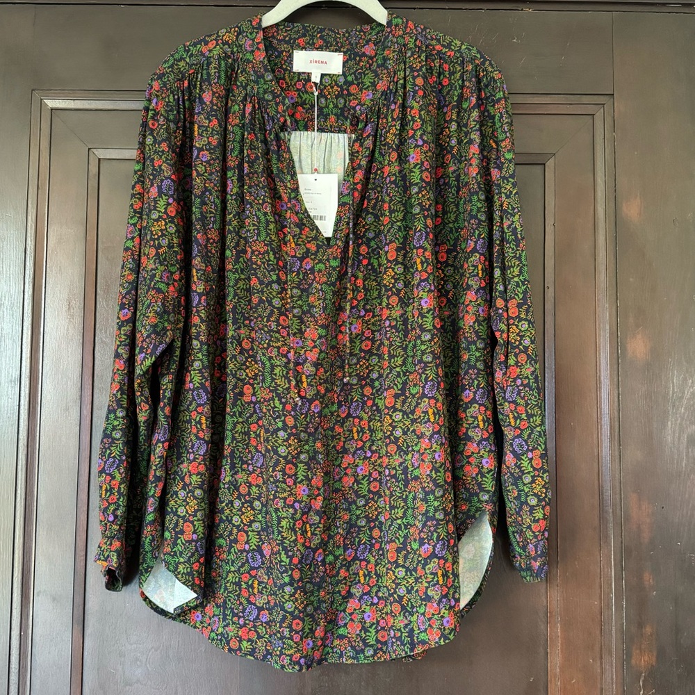XiRENA Black Floral Blouse with Green, Pink & Purple Print